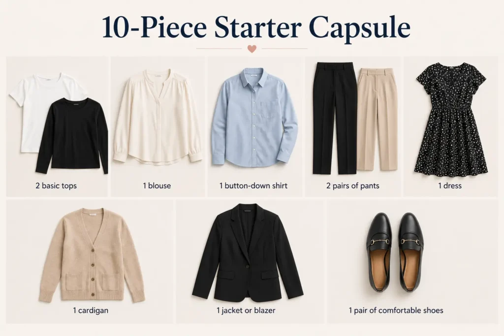 10-piece teacher capsule wardrobe starter essentials.