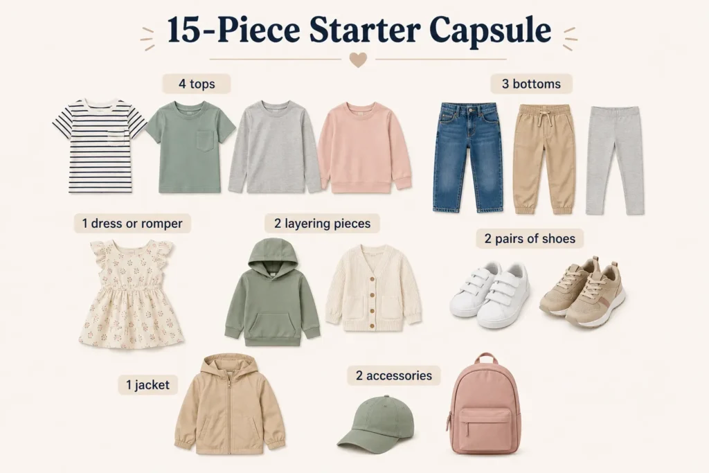 Infographic showing a 15-piece kids starter capsule wardrobe with 4 tops, 3 bottoms, 1 dress or romper, 2 layering pieces, 2 pairs of shoes, 1 jacket, and 2 accessories.