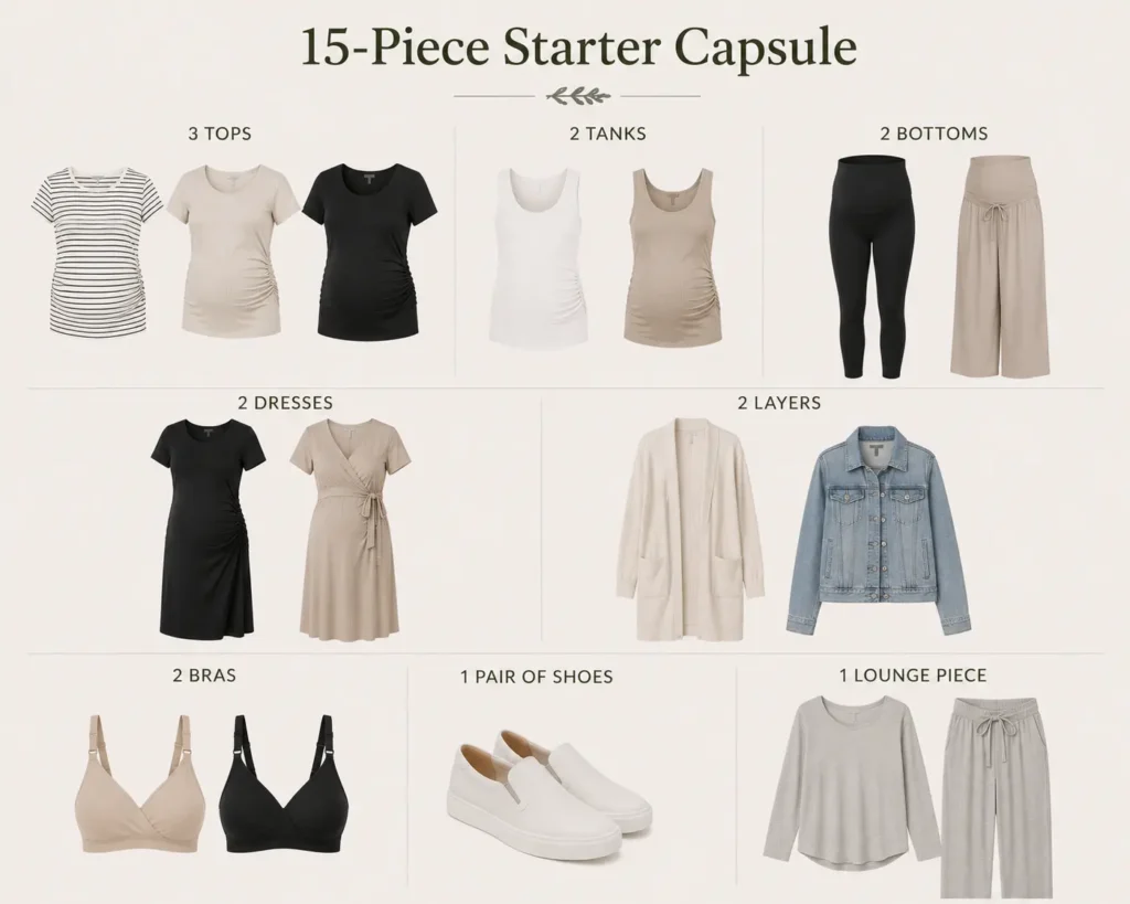 15-piece starter maternity capsule wardrobe essentials checklist