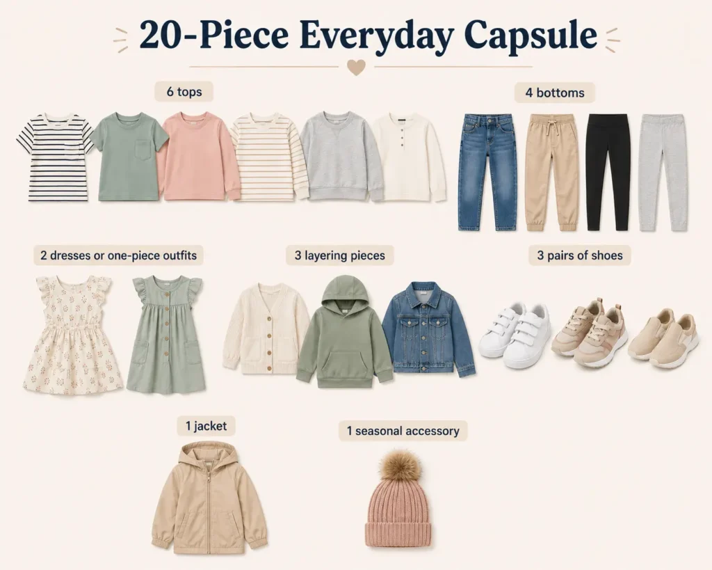 Infographic of a 20-piece kids everyday capsule wardrobe featuring 6 tops, 4 bottoms, 2 dresses or one-piece outfits, 3 layering pieces, 3 pairs of shoes, 1 jacket, and 1 seasonal accessory.