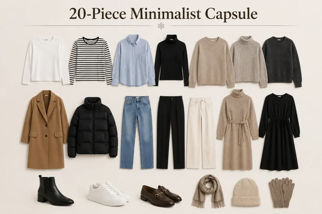20-piece minimalist winter capsule wardrobe with essential clothing, shoes, and accessories