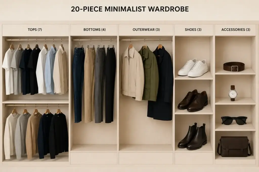 Minimalist men's capsule wardrobe featuring 20 essential clothing pieces including tops, bottoms, outerwear, shoes, and accessories arranged in a light wood closet