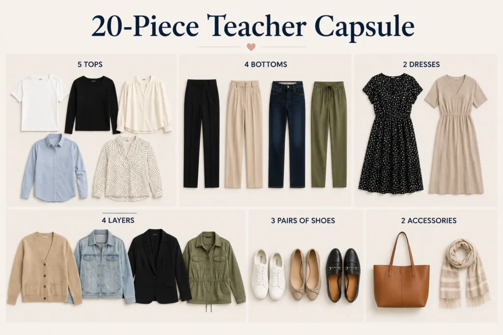 20-piece teacher capsule wardrobe with versatile essentials.