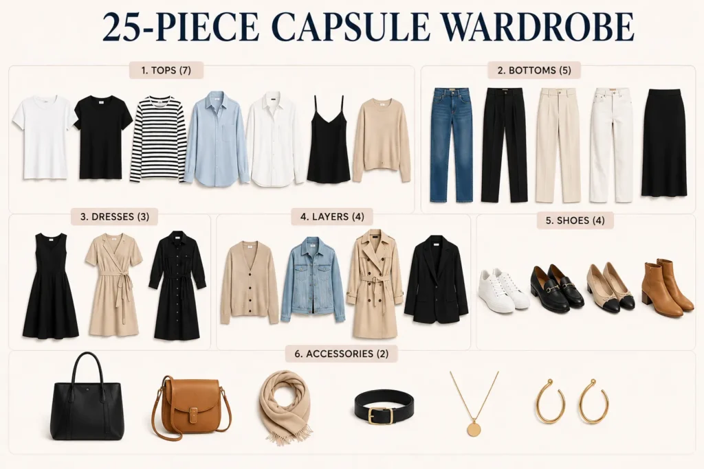 25-piece capsule wardrobe example with coordinated tops, bottoms, dresses, layers and shoes