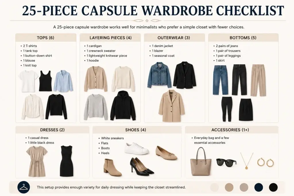 25-piece capsule wardrobe checklist with clothing, shoes, and accessories essentials