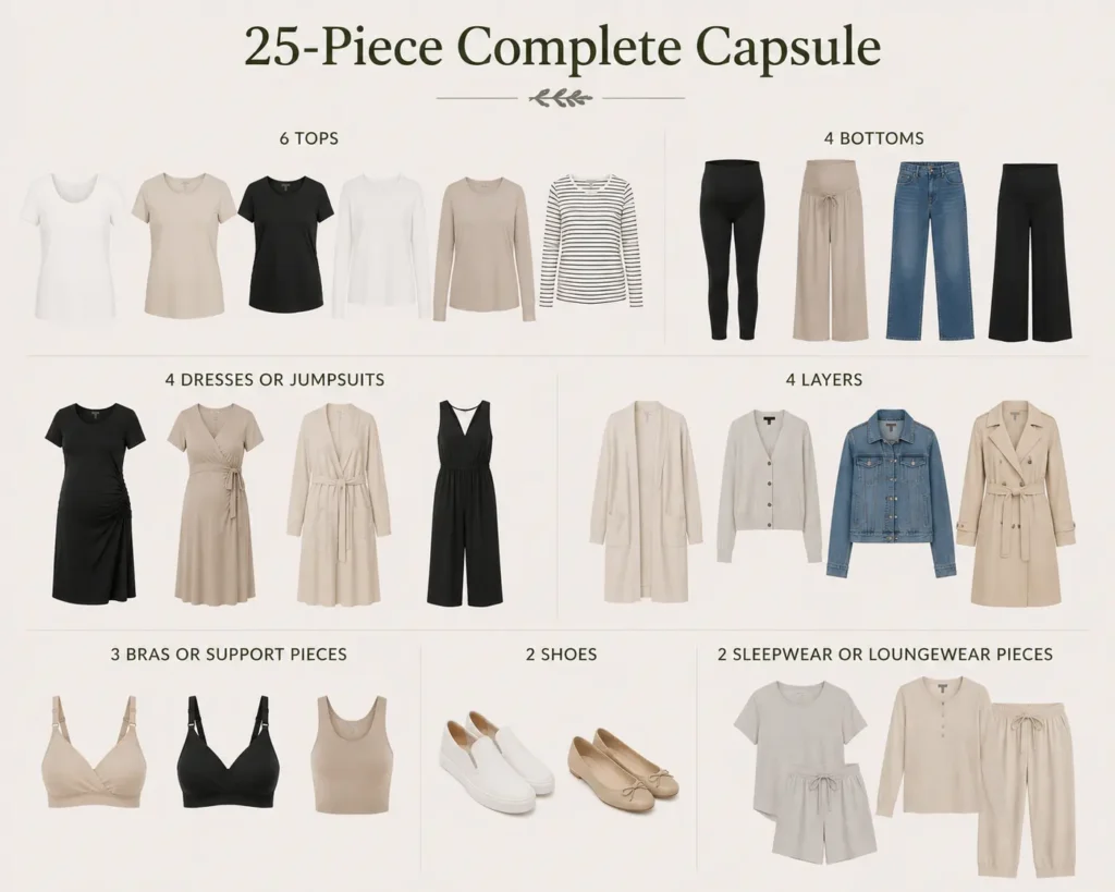 25-piece complete maternity capsule wardrobe essentials checklist