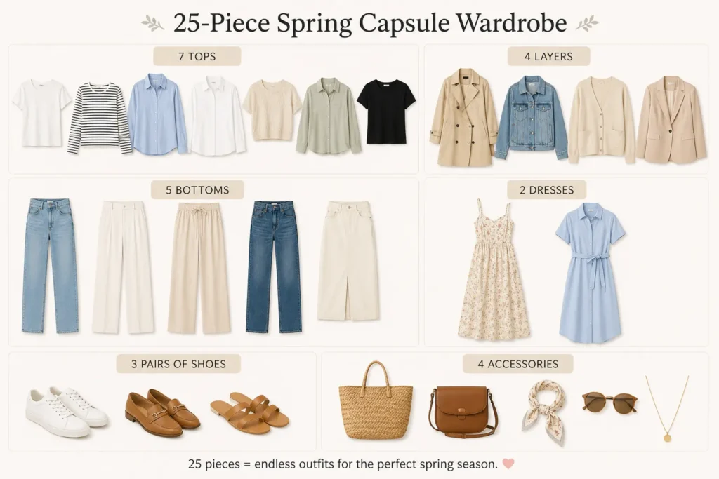 25-piece spring capsule wardrobe featuring versatile clothing, shoes, and accessories