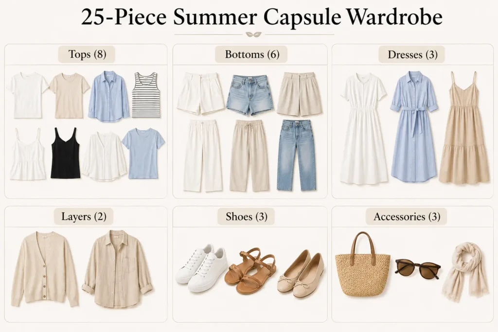 25-piece summer capsule wardrobe with tops, bottoms, dresses, layers, shoes, and accessories.