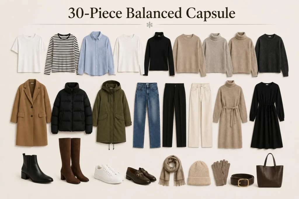 30-piece balanced winter capsule wardrobe featuring versatile clothing and accessories