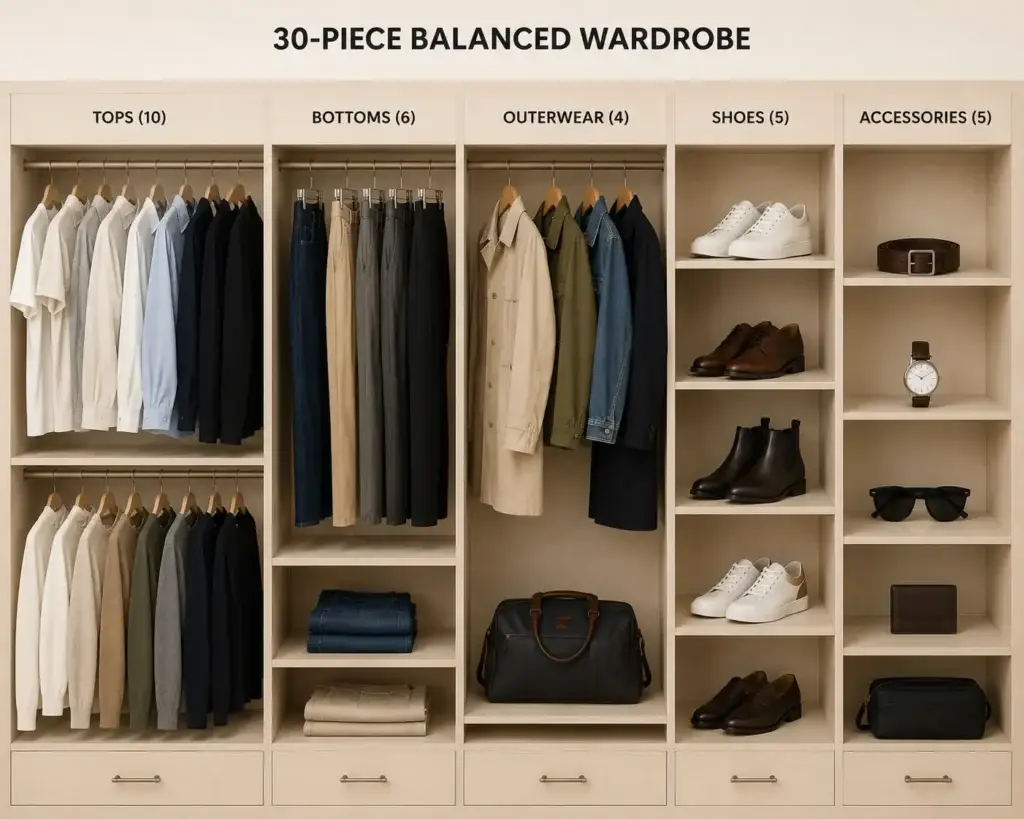 Balanced men's capsule wardrobe with 30 versatile clothing items including shirts, sweaters, pants, jackets, shoes, and accessories organized inside a modern wardrobe