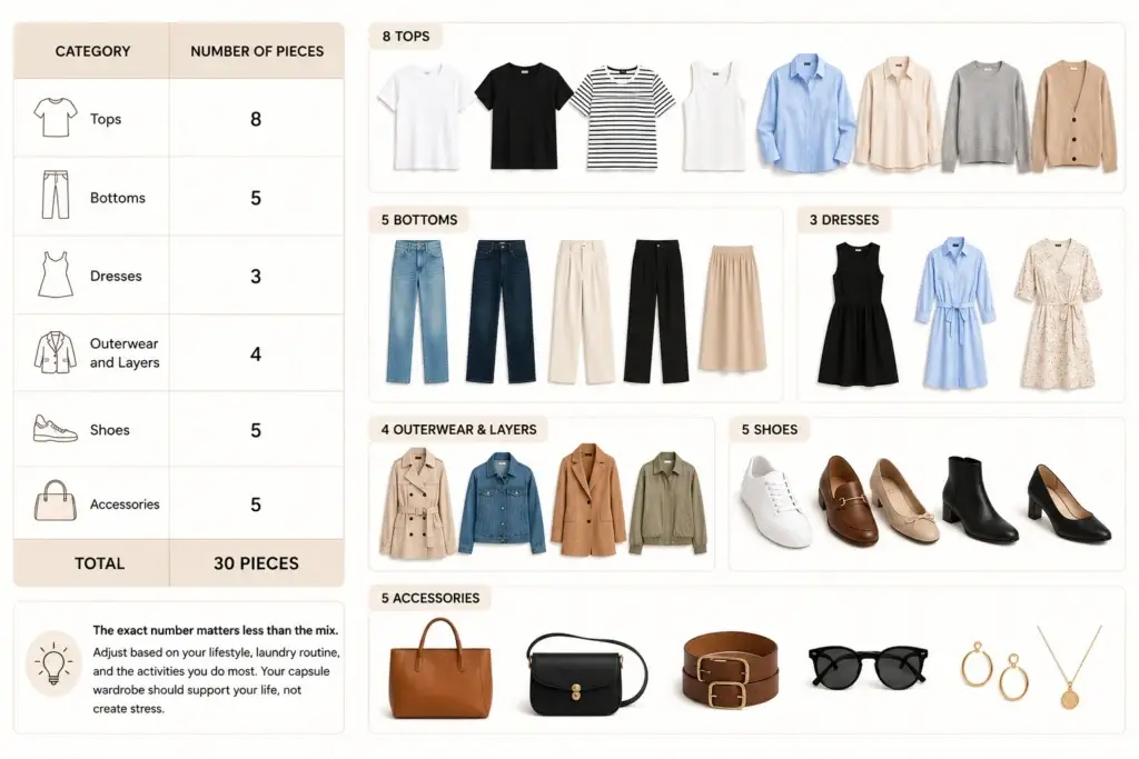 30-piece capsule wardrobe example for women showing tops, bottoms, dresses, outerwear, shoes, and accessories organized in a minimalist wardrobe layout.