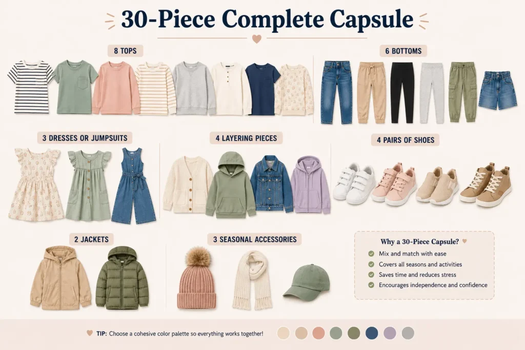 Infographic of a 30-piece complete kids capsule wardrobe including 8 tops, 6 bottoms, 3 dresses or jumpsuits, 4 layering pieces, 4 pairs of shoes, 2 jackets, and 3 seasonal accessories.
