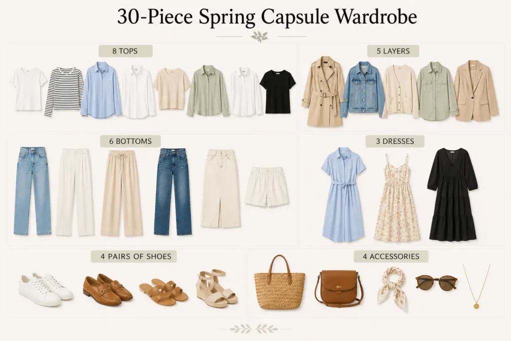 30-piece spring capsule wardrobe with tops, layers, bottoms, dresses, shoes, and accessories