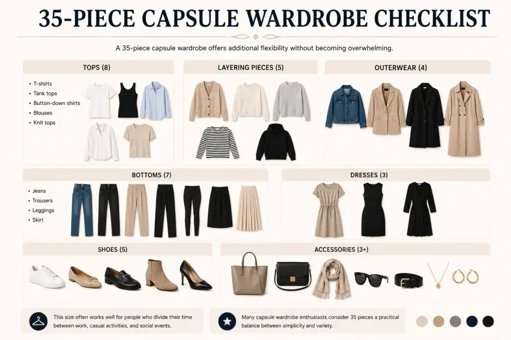35-piece capsule wardrobe checklist with clothing, shoes, and accessories essentials