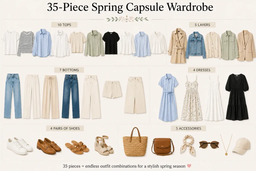 35-piece spring capsule wardrobe with seasonal essentials for versatile outfit combinations
