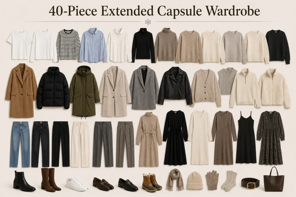 40-piece extended winter capsule wardrobe with complete seasonal essentials