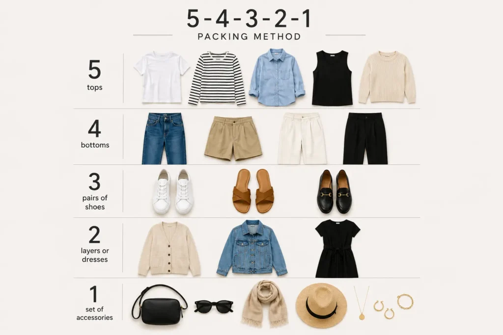 5-4-3-2-1 packing method for a travel capsule wardrobe