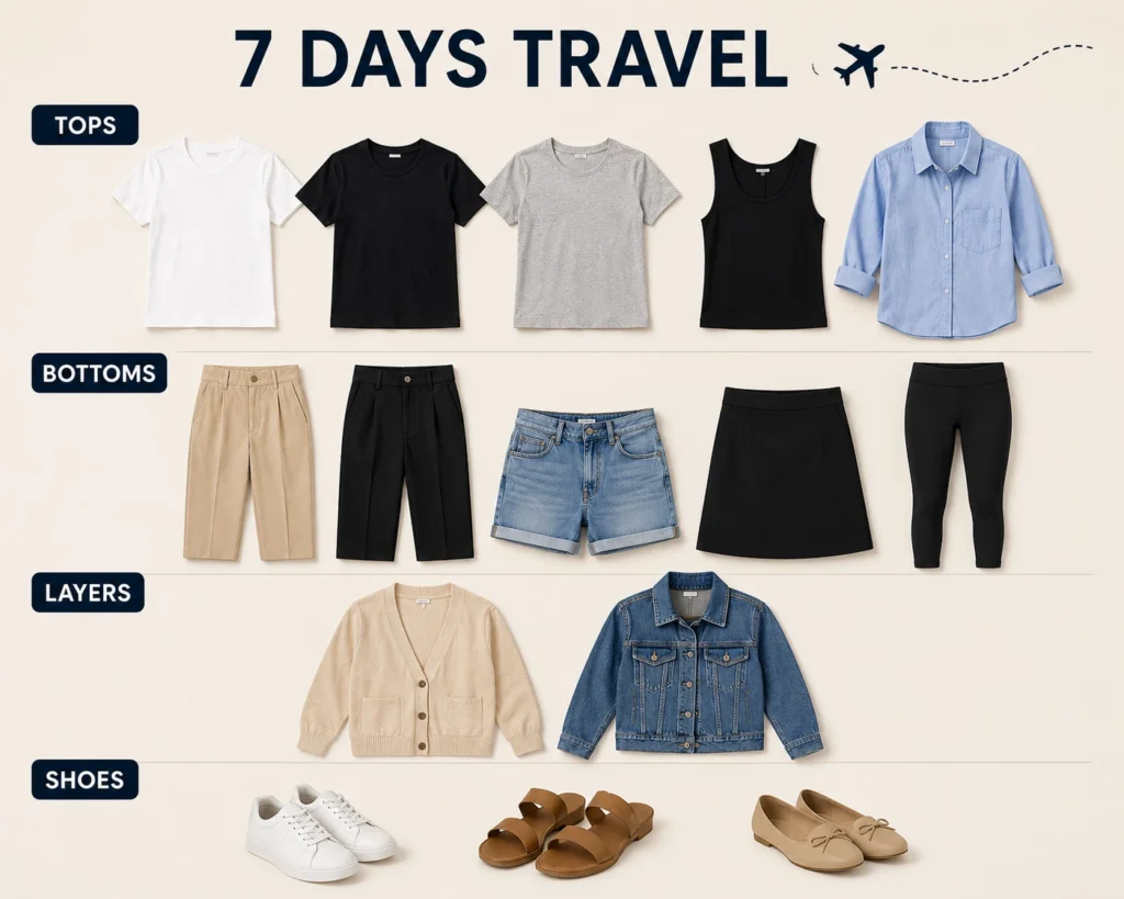7 days travel capsule wardrobe with versatile clothing essentials