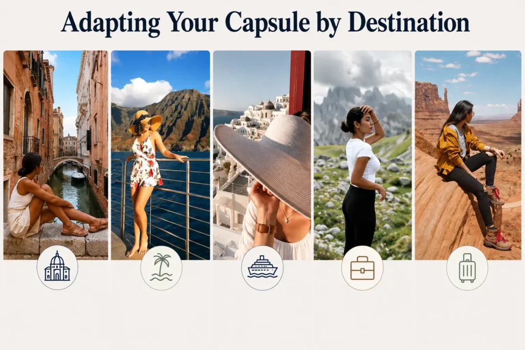 Travel capsule wardrobe outfits adapted for European city breaks, beach trips, cruises, business travel, and carry-on-only vacations.