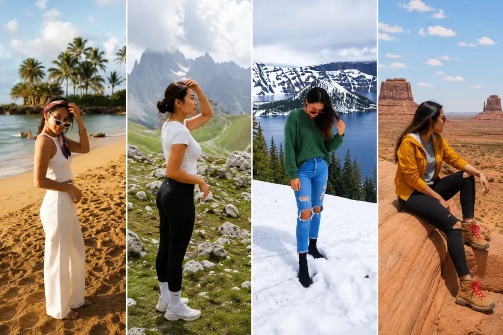 Woman’s travel capsule wardrobe outfits for beach, mountain, winter, and desert destinations.