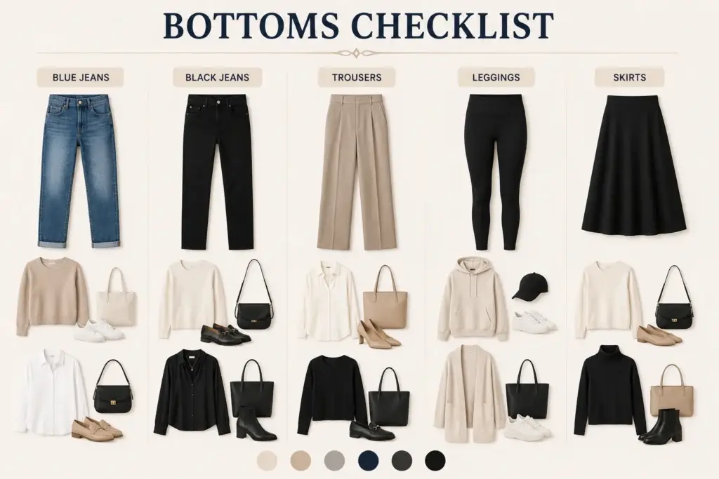 Capsule wardrobe bottoms checklist featuring blue jeans, black jeans, tailored trousers, leggings, and skirts with versatile outfit combinations in neutral colors