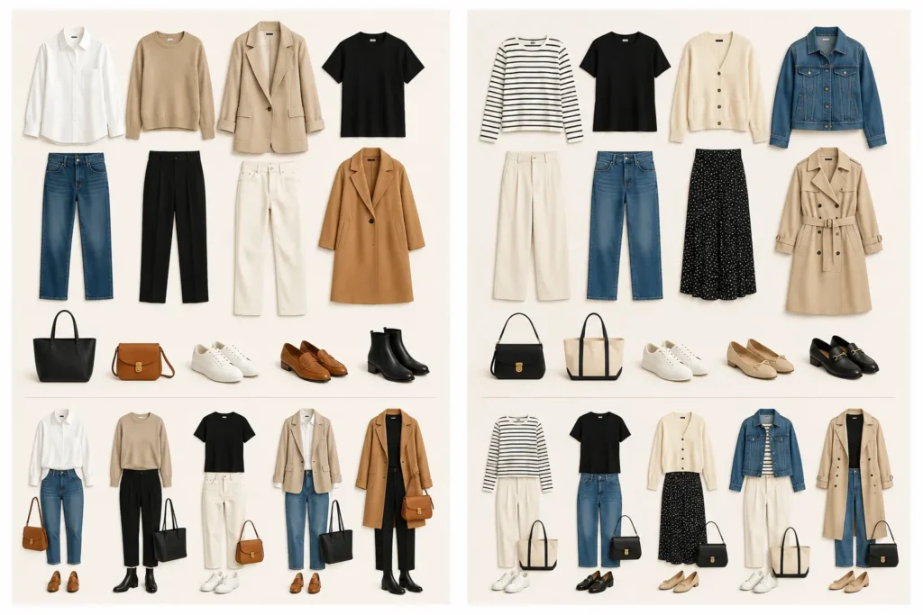 Capsule wardrobe outfit examples showing versatile clothing pieces and mix-and-match outfit combinations