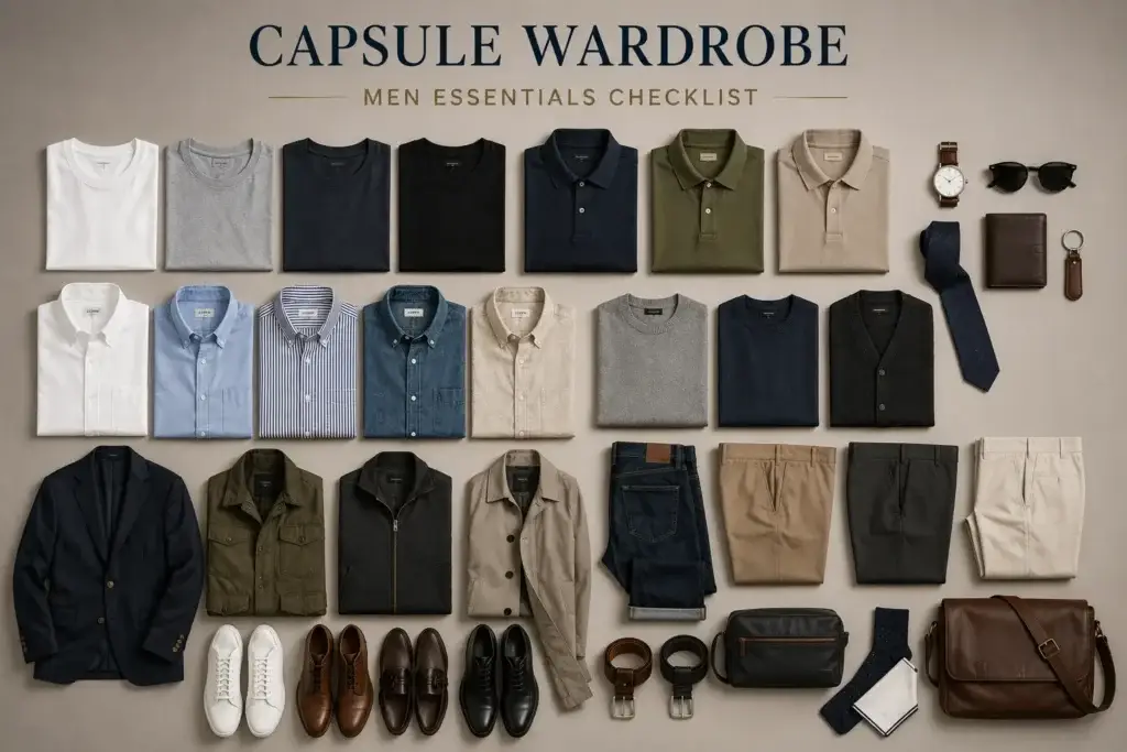 Men's capsule wardrobe essentials including t-shirts, polo shirts, Oxford shirts, knitwear, blazer, jackets, jeans, chinos, shoes, watch, tie, sunglasses, belt, and leather bag arranged in a stylish flat lay