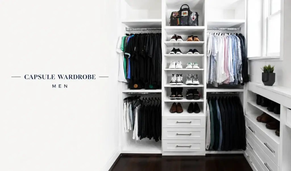 Men's capsule wardrobe featuring organized shirts, trousers, blazers, shoes, and accessories inside a modern white closet with Capsule Wardrobe Men heading