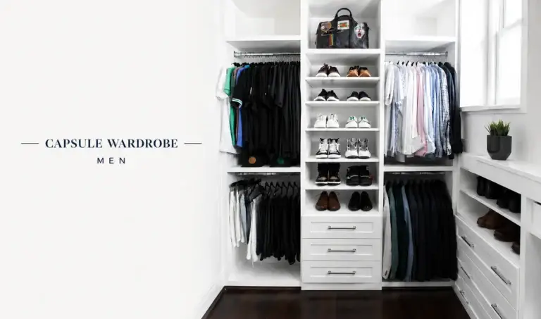 Men's capsule wardrobe featuring organized shirts, trousers, blazers, shoes, and accessories inside a modern white closet with Capsule Wardrobe Men heading
