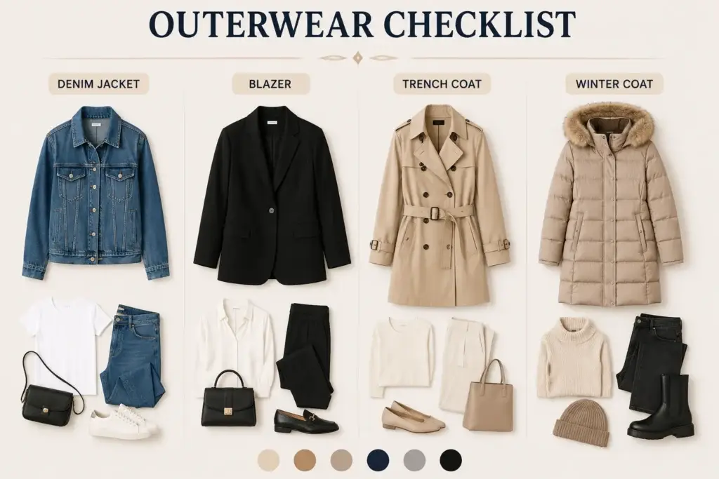 Capsule wardrobe outerwear checklist featuring a denim jacket, blazer, trench coat, and winter coat with versatile outfit combinations in neutral colors