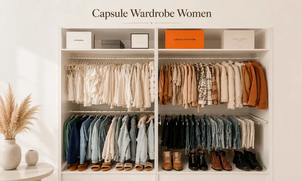 Organized capsule wardrobe for women with neutral clothing, shoes and accessories in a minimalist closet