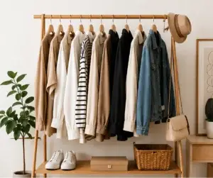 Neutral capsule wardrobe clothing essentials organized on a clothing rack