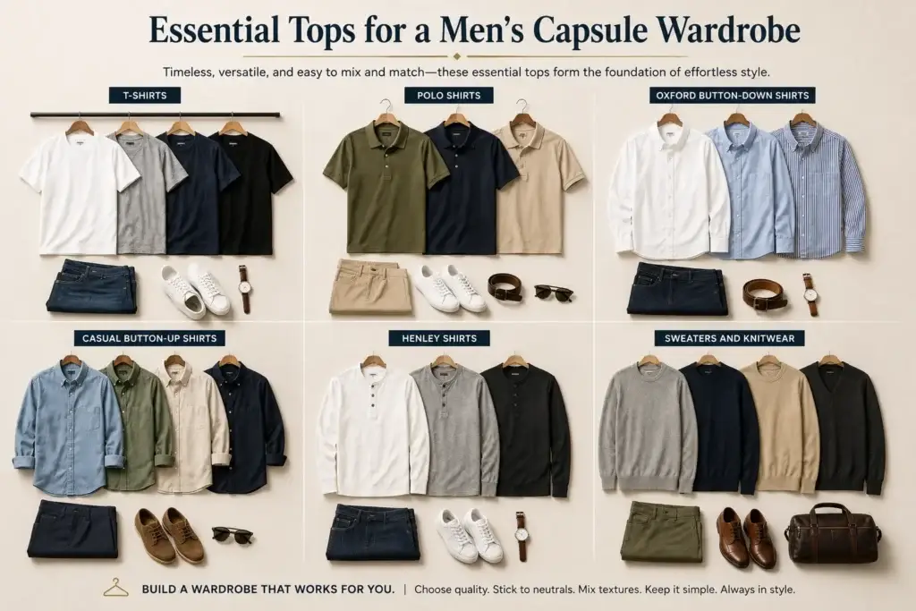 Men's capsule wardrobe tops including t-shirts, polo shirts, Oxford button-down shirts, casual button-up shirts, Henley shirts, sweaters, knitwear, jeans, sneakers, watch, sunglasses, belt, shoes, and leather bag arranged in a stylish capsule wardrobe layout