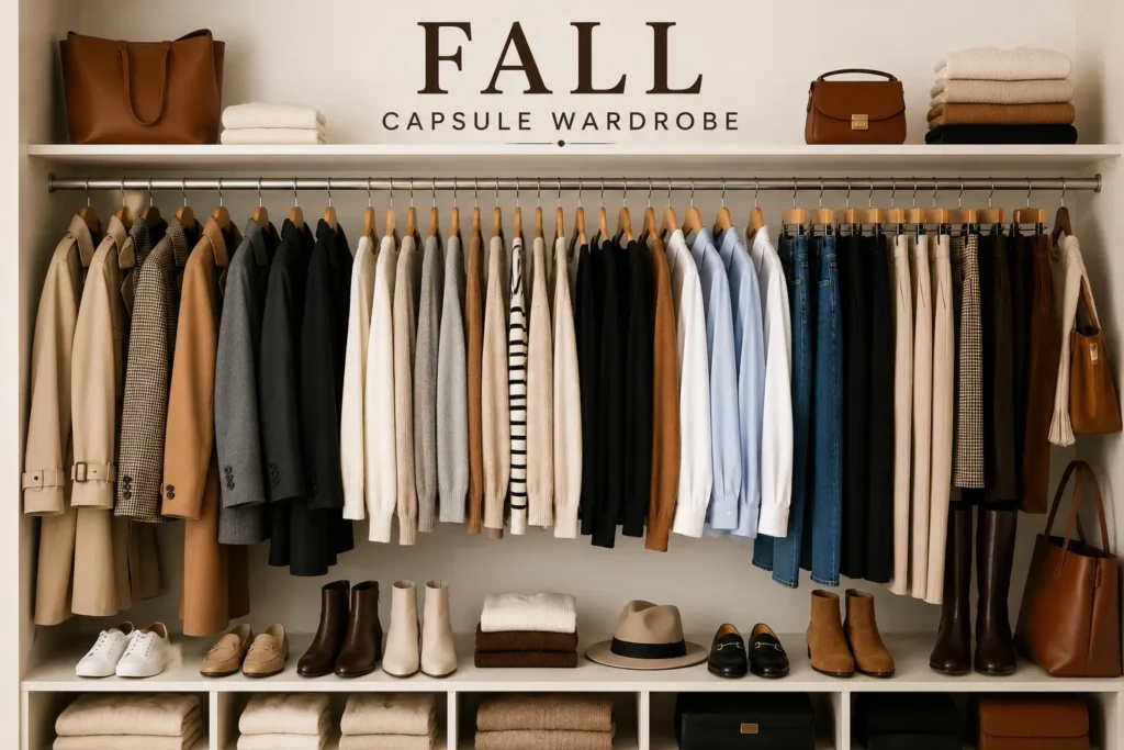 Fall capsule wardrobe with sweaters, coats, jeans, boots, handbags, and accessories arranged in a minimalist autumn closet