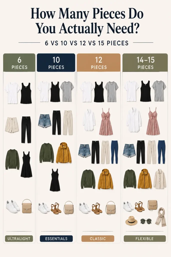 Travel capsule wardrobe infographic comparing 6, 10, 12, and 14–15 piece capsule wardrobe options with versatile clothing and accessories.