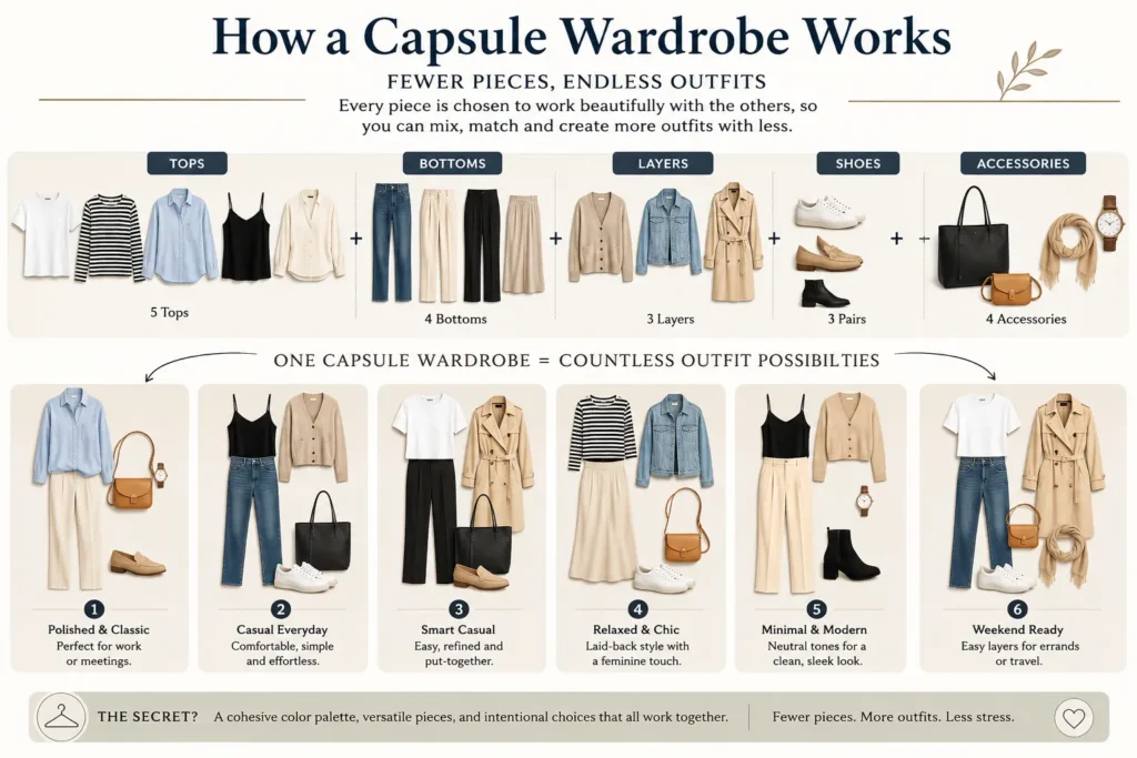 How a capsule wardrobe works by mixing coordinated tops, bottoms, layers and shoes into multiple outfits