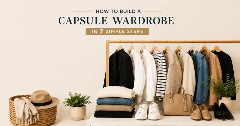 How to build a capsule wardrobe with neutral clothing essentials, organized outfits, shoes, and accessories in a minimalist closet setup.
