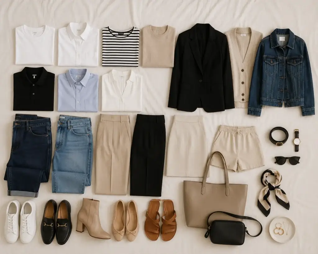 Capsule wardrobe essentials including shirts, jeans, trousers, jackets, shoes, and accessories arranged in a neutral color palette.