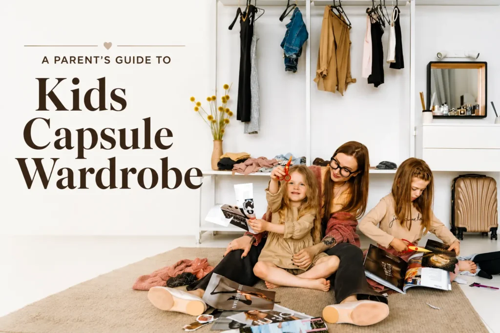 Kids capsule wardrobe with a parent organizing children's clothes in a bright, minimalist closet.