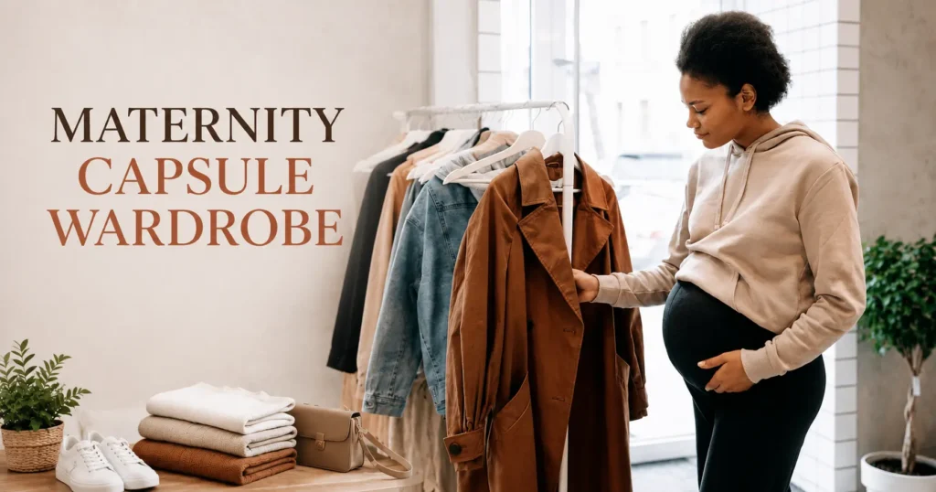 Maternity capsule wardrobe essentials with comfortable pregnancy outfits and versatile clothing pieces