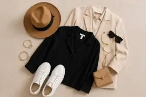 Minimalist fashion outfit with neutral clothing and accessories