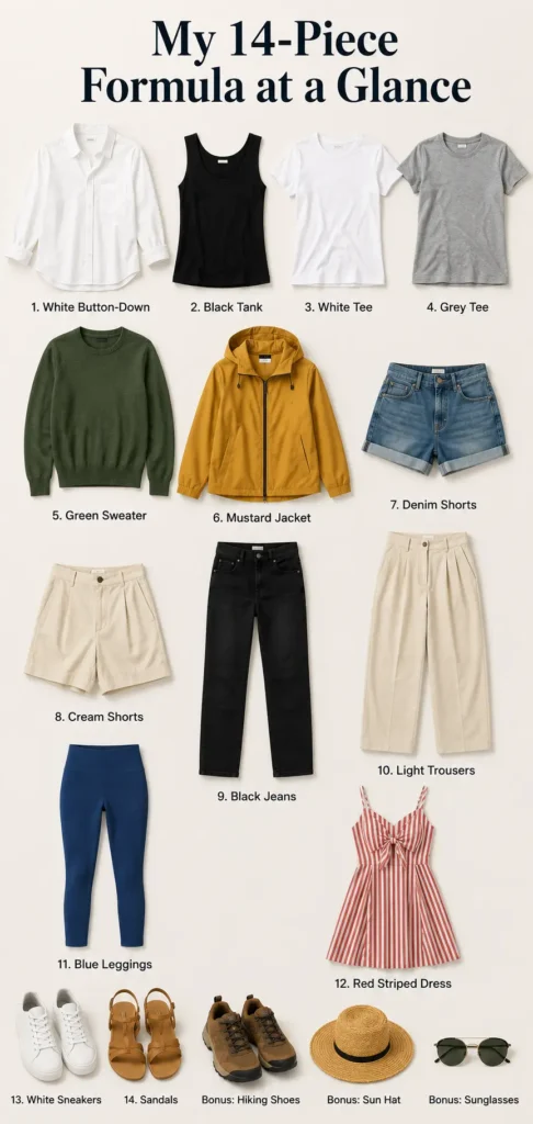14-piece travel capsule wardrobe with versatile tops, bottoms, layers, dress, sneakers and sandals