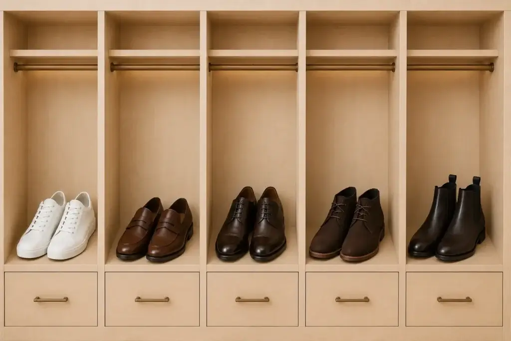 Essential men's shoes including white sneakers, loafers, dress shoes, and Chelsea boots for a capsule wardrobe