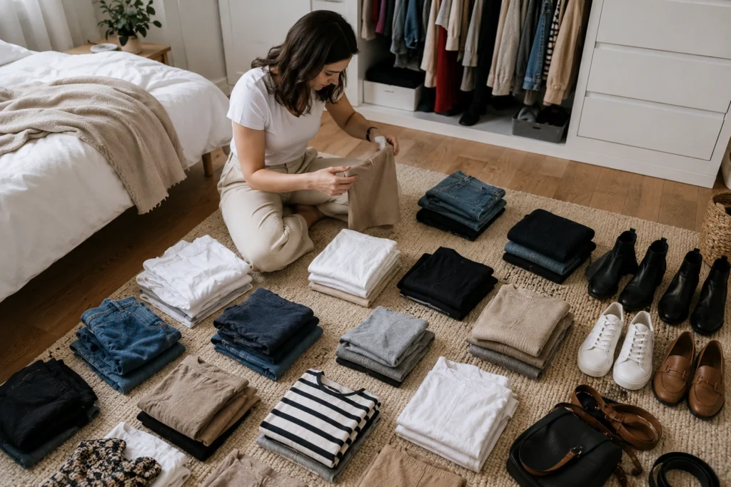 Woman sorting clothes into organized categories on a bedroom floor while building a capsule wardrobe, with neatly folded clothing, shoes, and accessories arranged by type.