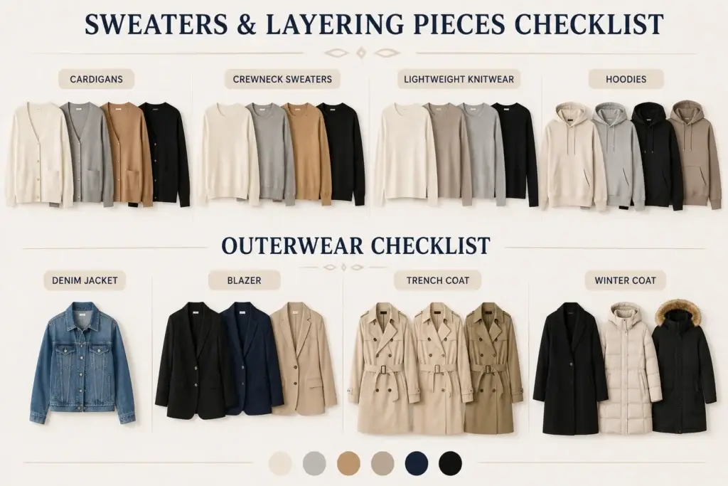 Capsule wardrobe layering essentials featuring cardigans, crewneck sweaters, lightweight knitwear, hoodies, denim jackets, blazers, trench coats, and winter coats in neutral colors