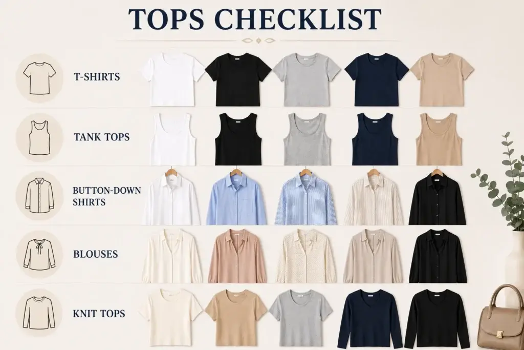 Capsule wardrobe tops checklist featuring neutral T-shirts, tank tops, button-down shirts, blouses, and knit tops arranged in a minimalist wardrobe layout