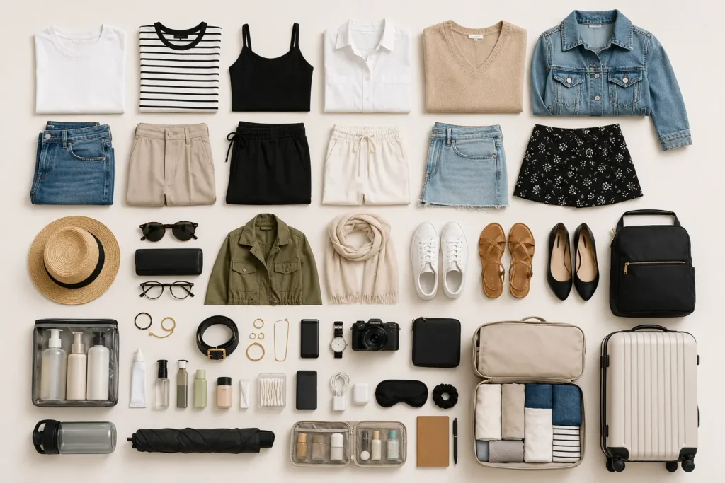 Travel capsule wardrobe essentials arranged for efficient packing