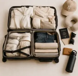 Travel capsule wardrobe packed neatly inside a suitcase with essentials