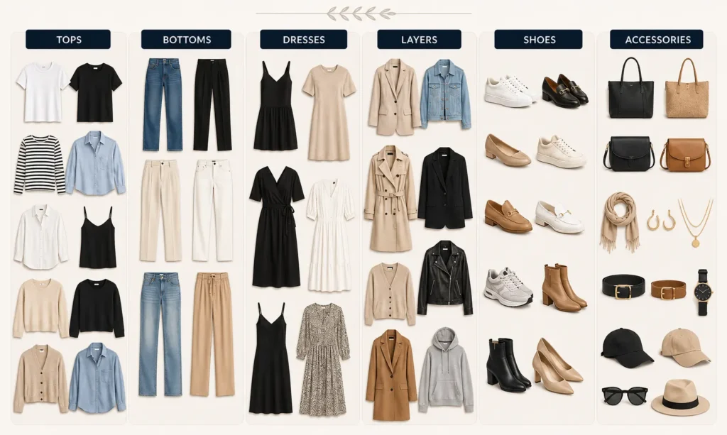 Capsule wardrobe essentials including versatile tops, bottoms, dresses, layers, shoes and accessories