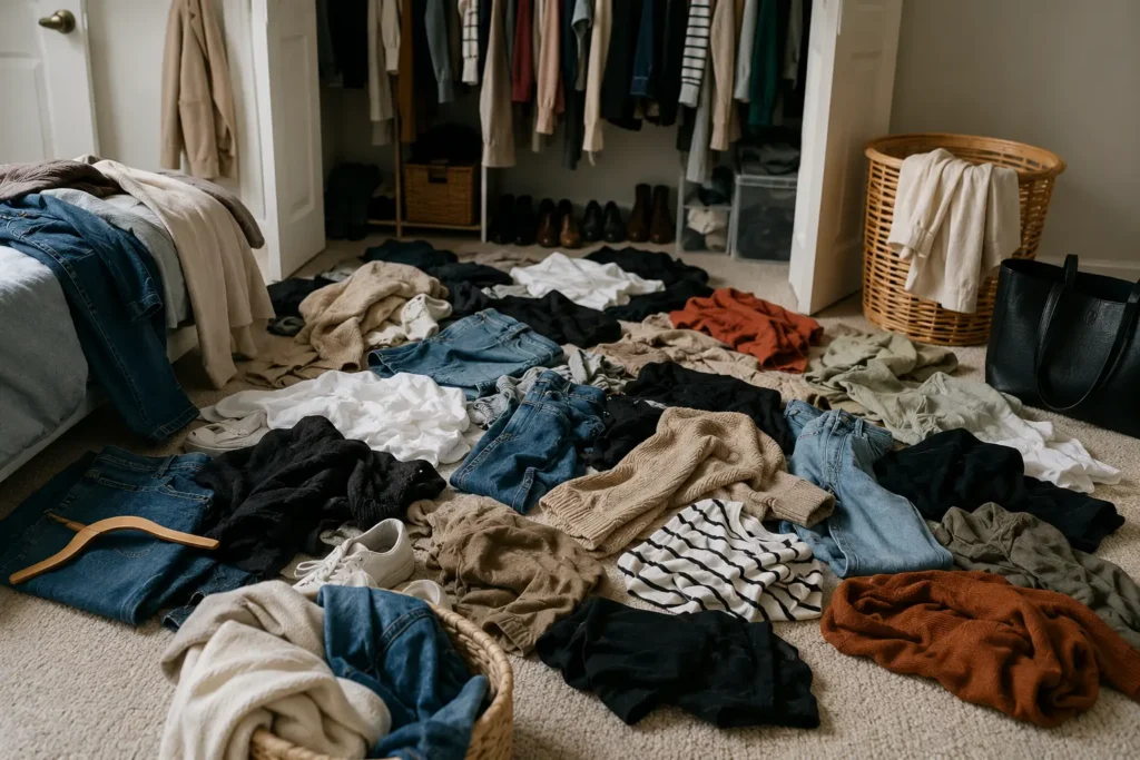 Clothes spread across a bedroom floor during a wardrobe audit, showing the first step of assessing your current wardrobe before building a capsule wardrobe.